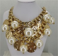 Large Gold coin and Pearl Bib Necklace