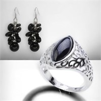 Black Agate Earrings & Shungite Ring - Size 9