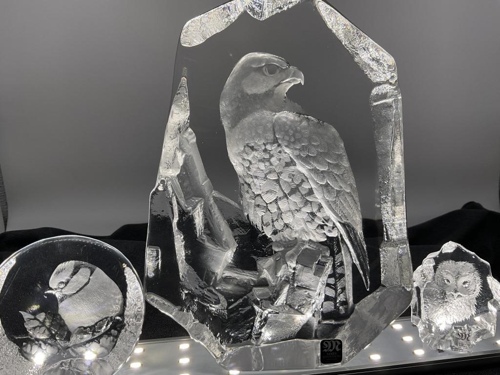(3) Mats JONASSON Lead Crystal Bird Sculptures