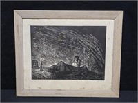 1940's Ink Woodblock Print South American Signed