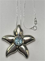 Lg Sterling Blue Topaz Flower Pendant/Signed/Chain