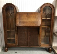 Oak Drop Front Secretary with Display Cabinets