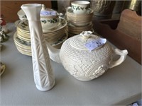 Milk glass vase and a tea pitcher