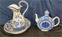 Pitcher and Bowl Set with Teapot Blue White