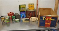 Assorted vintage tins in crate, see pics