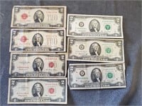 P729- (7) Red Seal & Federal Reserve $2 Bills