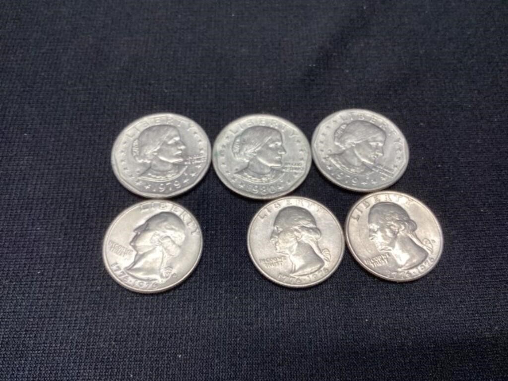 3 Bicentennial Quarter and 3 Anthony Dollar Coins