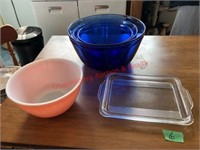 set of blue Pyrex bowls