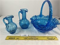Blue Glass Lot Fenton Thumbprint Basket - Glass