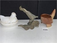 SMALL MILK GLASS ROOSTER, BRASS ROOSTER, NEEDS