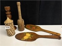 VINTAGE WOODEN PESTLE, TWO WOODEN BUTTER PADDLES,