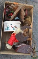 wooden crate full of christmas items