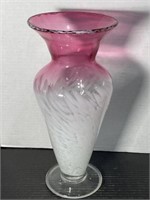 VINTAGE CRANBERRY AND CLEAR GLASS VASE WITH WHITE