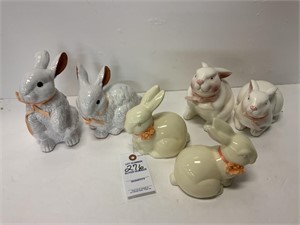 3 Pairs Ceramic/Porcelain Rabbits w/ Ribbons