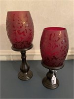 2 PC FROSTED ETCHED RED GLASS HURRICANE