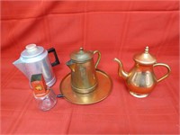 Coffee percolator, copper pots.