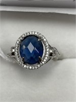 STERLING OVAL SAPPHIRE & WHITE TOPAZ RING - SIZE 7
