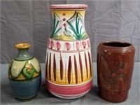 3 Art Pottery Vases, 2 Artist Signed, Tallest 10"