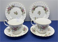 Vintage “Moss Rose “ , Pair Teacups with Saucers