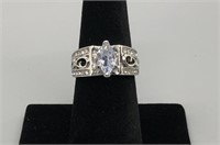 Wide Band Silver and Diamond Ring