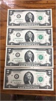 4 uncirculated 2dollar bills consecutive serial