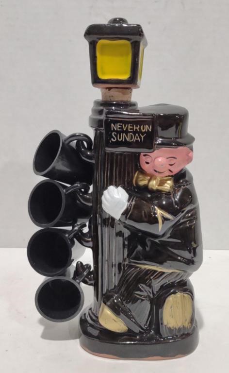 Ceramic Drunkard "Never on Sunday" Decanter & Cup