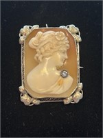 Antique 14K Shell Cameo Pin/Pendant with Diamond