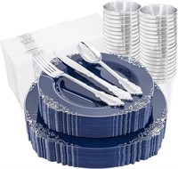 175pcs Blue Plastic Plates - Blue and Silver