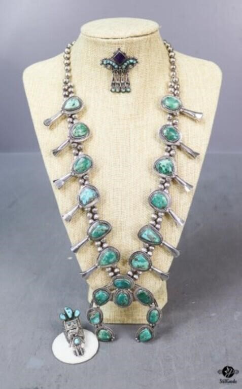 Turquoise Squash Blossom Necklace w/Brooch & Ring