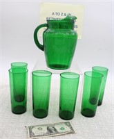 FOREST GREEN PITCHER & (6) ICE TEA TUMBLERS