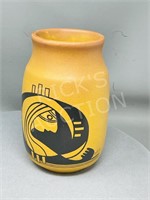 Blue Mtn Pottery vase w/ native art by Odjig - 8"