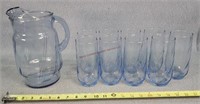 Clear Blue Water Pitcher & 9 Glasses