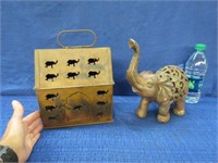 elephant figurine & tin candle box