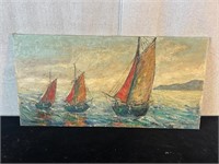 Signed Painting 3 Sailboats w/Red Sails on Ocean
