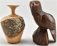 Pair of Wood Sculptures - Eagle and Vase w/ Bark