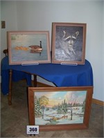 3 Wildlife Paintings-Deer, Geese, Raccoon