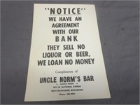 Vintage Uncle Norm's Bar Milwaukee Beer - Liquor