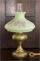 Brass Electric Lamp w/Decorated Glass Shade