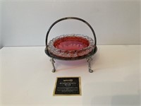 Red Coloured Glass & Silver Plate Serving Dish
