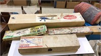 Four wooden model airplanes, vintage boxes and