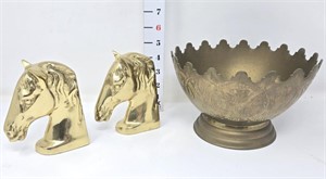 Solid Brass Horse Bookends & Bowl