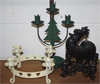 (3) Metal Candle Holders w/ Rooster, Hearts +