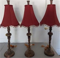 804 - TRIO OF TABLE LAMPS W/RED SHADES 30"H