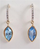 14 Kt Blue Topaz Diamond Dangle Earrings