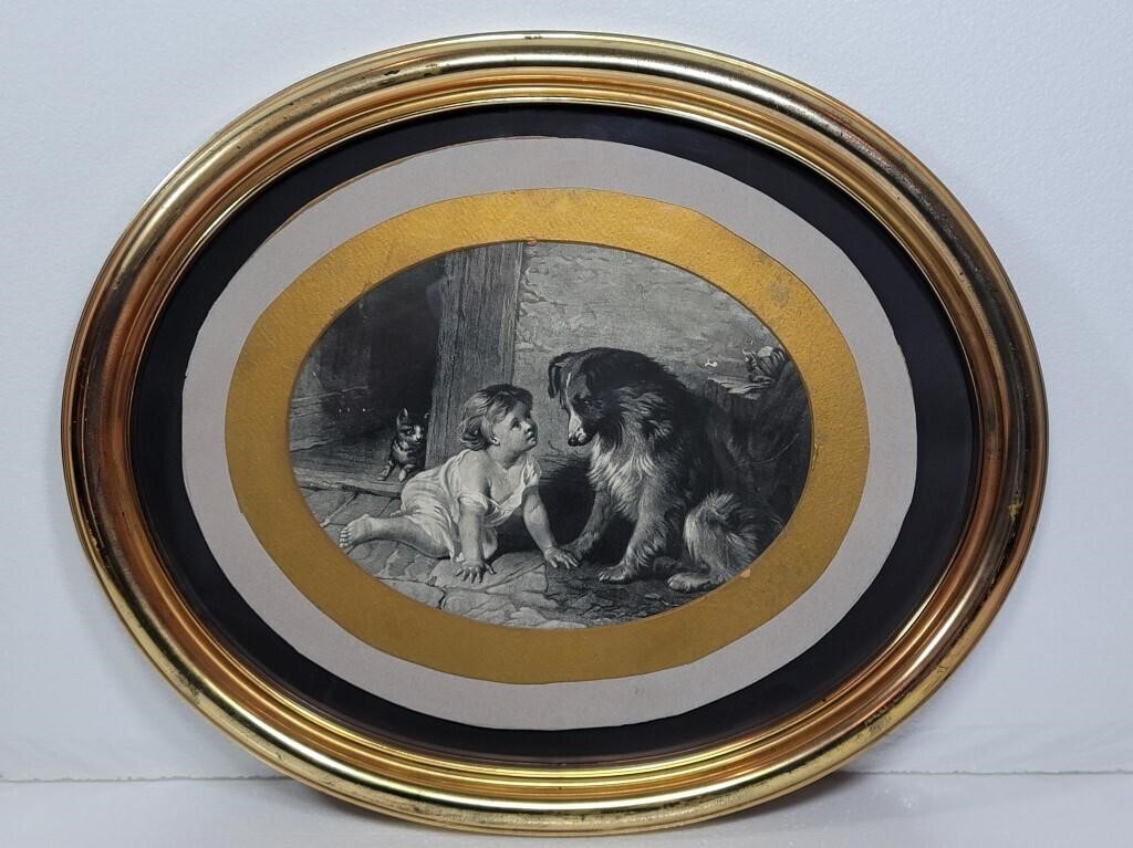 Vintage Oval Picture of Girl, Cat and a Dog