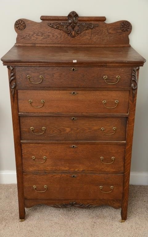 33 X 19.5 X 56 ANTIQUE 5 DRAWER OAK DRESSER