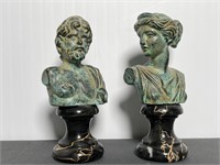 Pair of miniature bronze busts on marble pedestals