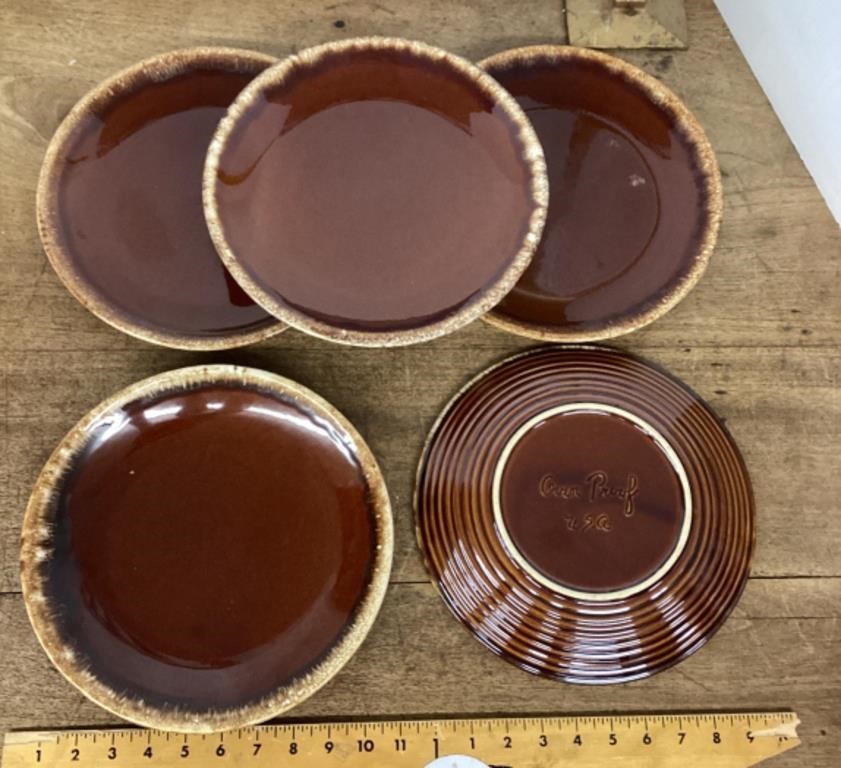 5 brown drip pottery plates