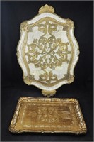 2 Vtg Engraved Gold Composite Italy Trays