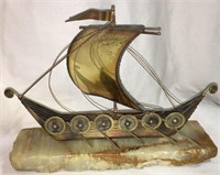 Signed Brass Viking Ship Sculpture On Marble Base